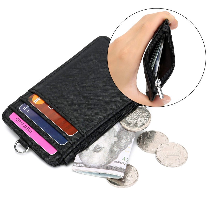 Leamekor ID Badge Holder with Neck Lanyard PU Leather ID Badge Wallet Case with 1 ID Window, 4 Card Slots, 1 Side Zipper Pocket - Image 4